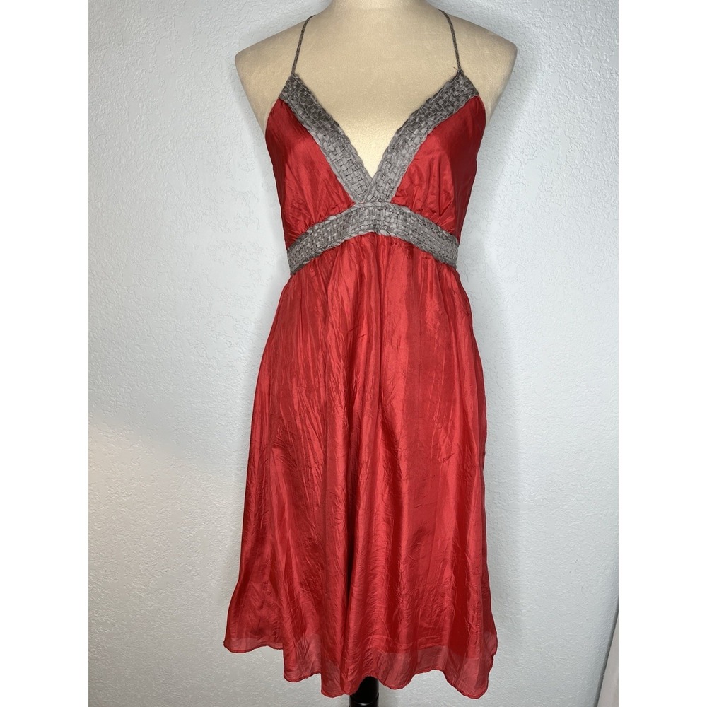 Vtg Y2K Ladakh Red Halter Neck‎ Dress Womens Size 10 100% Silk Sexy Retro